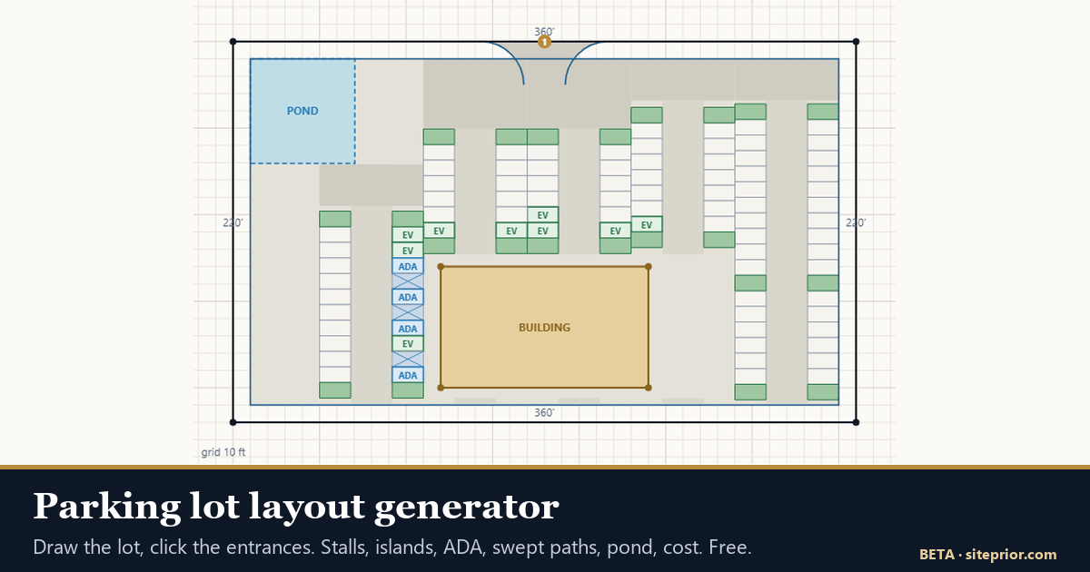 I built a free parking lot layout generator: trace a lot on an aerial, click the entrances, get stal
